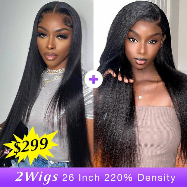 [2Wigs 26inch] Straight & Kinky Straight 8x5 Zig Zag Pre Cut HD Lace Ready to Go Glueless Wigs