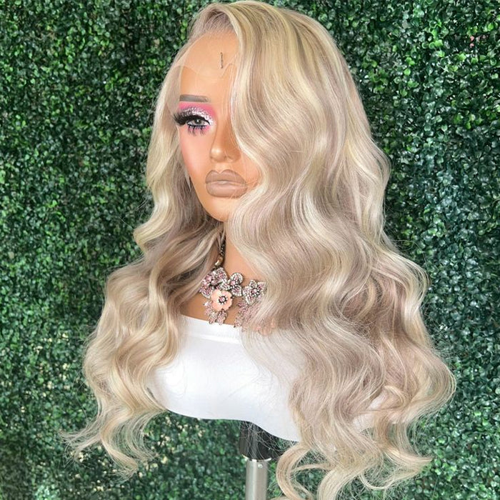 Body Wave Ash Blonde Highlight 13x4 Lace Frontal Glueless Wigs Pre Cut HD Lace Human Hai Wigs For Fashion Women