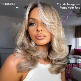 Blonde Highlight Curtain Bangs Body Wave Wigs 13x6 HD Lace Frontal Layered Human Hair Wigs