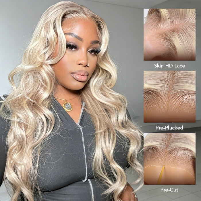 Blonde Highlight Curtain Bangs Body Wave Wigs 13x6 HD Lace Frontal Layered Human Hair Wigs