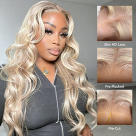 Blonde Highlight Curtain Bangs Body Wave Wigs 13x6 HD Lace Frontal Layered Human Hair Wigs