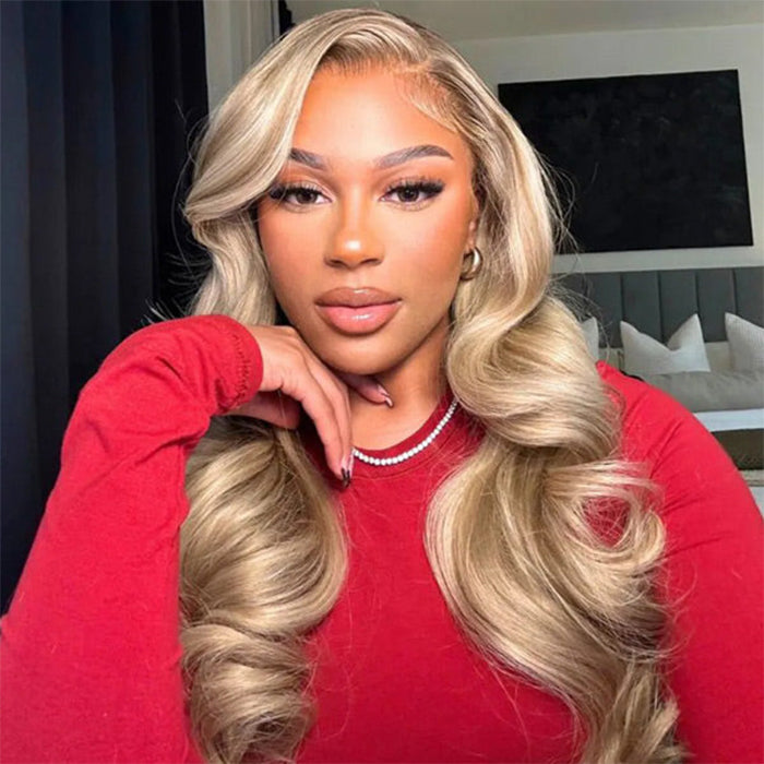 Body Wave Ash Blonde Highlight 13x4 Lace Frontal Glueless Wigs Pre Cut HD Lace Human Hai Wigs For Fashion Women