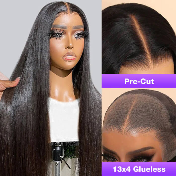 Pre Bleached Straight No Glue Wigs 13x4 Invisible Transparent Lace Front Human Hair Wigs Gluelless Pre-All Wig