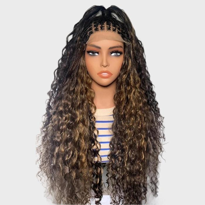 #1B/27 Blonde Highlight Boho Braided Water Wave Wigs Drawstring 13x6 Frontal HD Lace with Braided Human Hair Wig Pre-Cut Lace Glueless Wigs