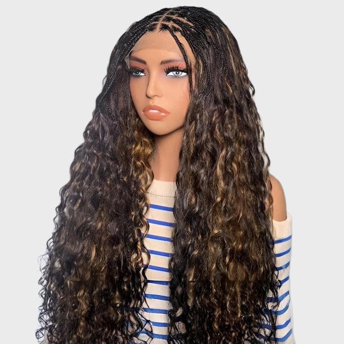 #1B/27 Blonde Highlight Boho Braided Water Wave Wigs Drawstring 13x6 Frontal HD Lace with Braided Human Hair Wig Pre-Cut Lace Glueless Wigs