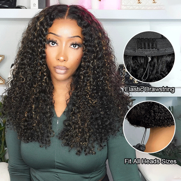 Blonde Highlight Curly Glueless HD Lace Wig Human Hair Pre-Cut Lace Pre-Plucked Pre-Bleached