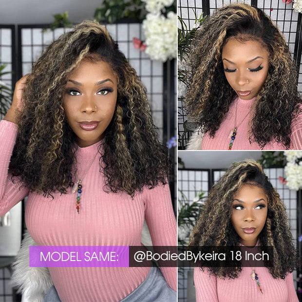 M1B/27 Blonde Highlight Curly Human Hair Wigs Glueless Pre Cut 8x5 HD Lace Closure Wig Put on Go