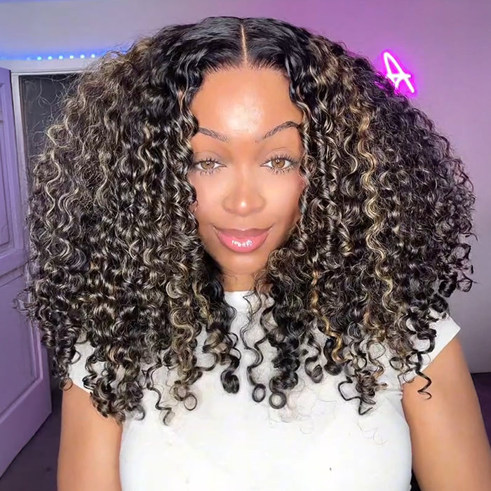 Blonde Highlight Curly Glueless HD Lace Wig Human Hair Pre-Cut Lace Pre-Plucked Pre-Bleached