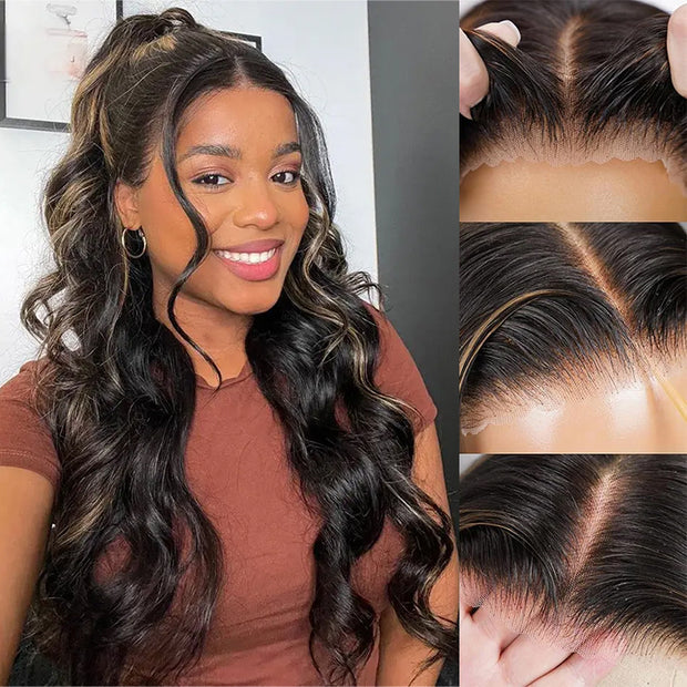 Glueless Blonde Highlight Body Wave Wig Pre Cut 8x5 HD Lace Human Hair 220% Density