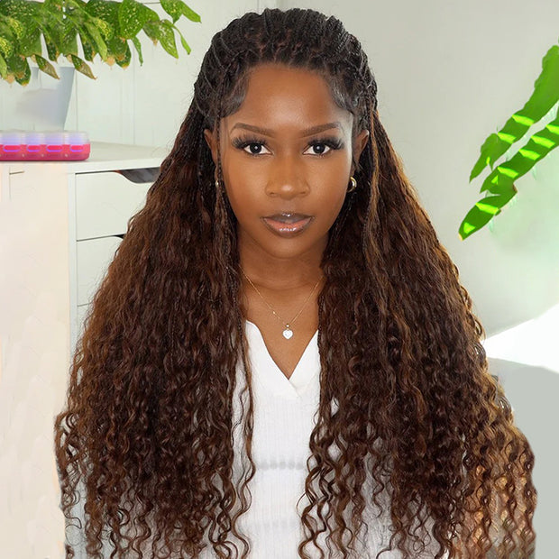 #T1B/30 Ombre Color Boho Braided Wigs Pull Go Drawstring 13x6 HD Lace Frontal Human Hair Wigs