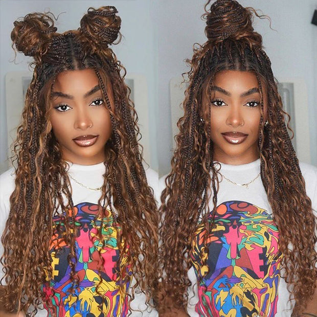 Pull Go Drawstring Cap 13x6 HD Full Lace Knotless Boho Curls Braided Wigs Human Hair