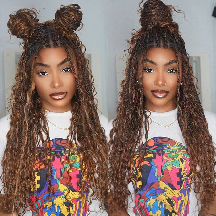 #T1B/30 Ombre Color Boho Braided Wigs Pull Go Drawstring 13x6 HD Lace Frontal Human Hair Wigs