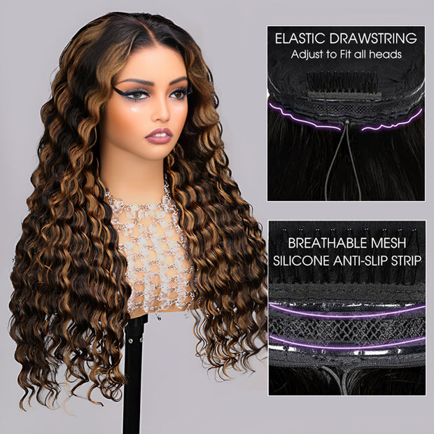1B/30 Balayage Highlight Deep Wave Drawstring 13X6 Full HD Lace Frontal Human Hair Wigs