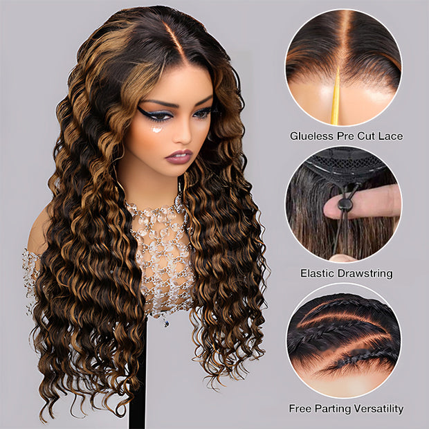 1B/30 Balayage Highlight Deep Wave Drawstring 13X6 Full HD Lace Frontal Human Hair Wigs