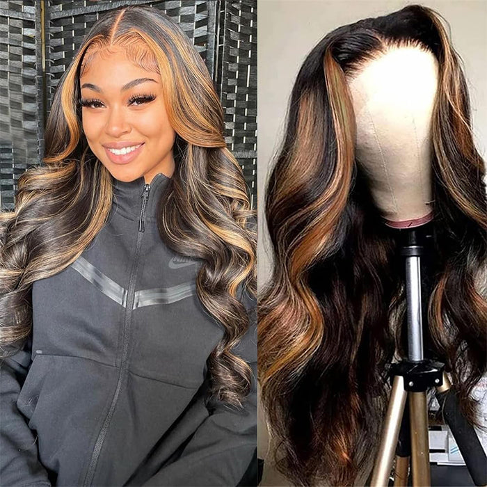 1B/30 Balayage Highlight Colored Body Wave 13x6 HD Lace Frontal Pre Plucked Human Hair Wigs