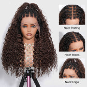 Boho Knotless Braided Wigs Drawstring 13x6 HD Lace Frontal Human Hair Wigs Brown Color with Black Root