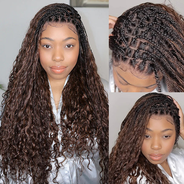 Boho Braided Wigs Pull Go Drawstring 13x6 HD Lace Frontal Human Hair Wigs Brown Color with Black Root