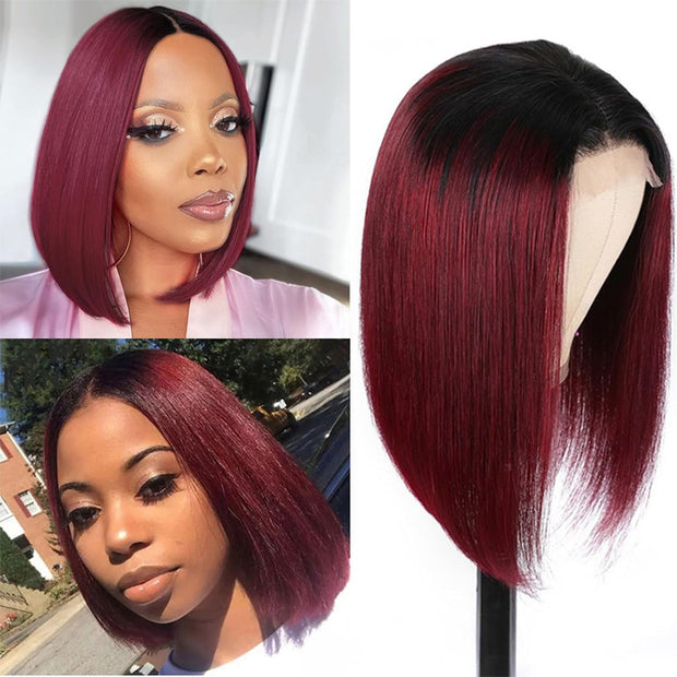 1B/99J Burgundy Ombre Short Straight Bob Wigs Human Hair With Pre Plucked Hairline