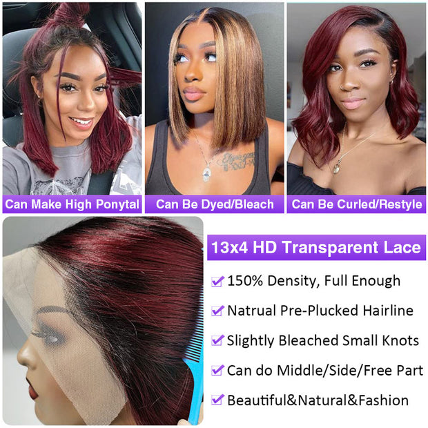 1B/99J Burgundy Ombre Short Straight Bob Wigs Human Hair With Pre Plucked Hairline