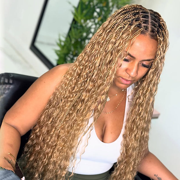 Boho Braided Wigs for Black Women Pull Go Drawstring 13x6 HD Lace Frontal Human Hair Wigs Blonde Color with Black Root