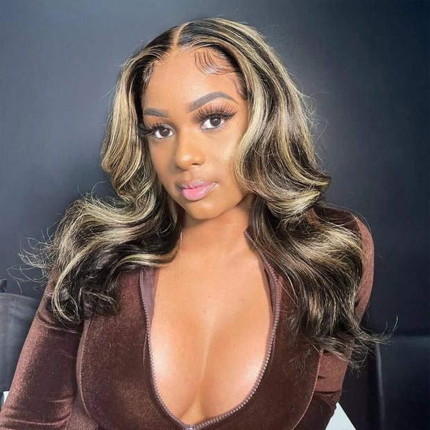 #1B/27 Blonde Highlight Body Wave 8x5 HD Glueless Lace Wig 100% Human Hair Pre Plucked  Natural Hairline 10A Quality