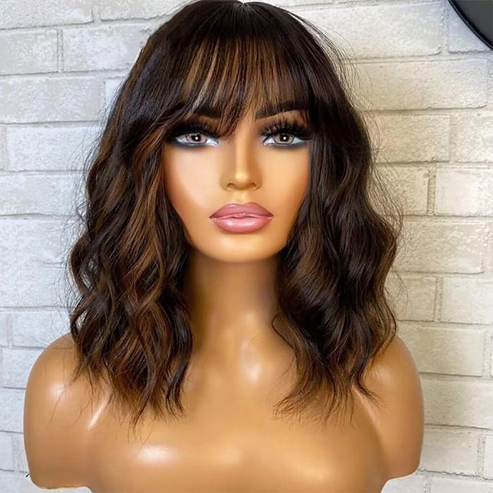 Natural Wavy 5X5 Brown Highlight Wigs With Bangs Double Draw Human Hair Pre Everything Glueless Wigs Flexi-Fit Drawstring Cap