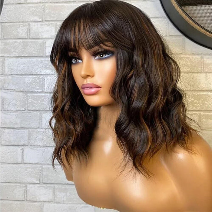 Natural Wavy 5X5 Brown Highlight Wigs With Bangs Double Draw Human Hair Pre Everything Glueless Wigs Flexi-Fit Drawstring Cap