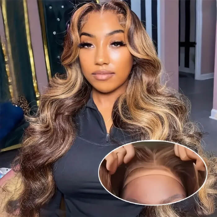 8x5 Glueless Lace Honey Blonde Body Wave Wig With Bleached Knots Put and Go Wig