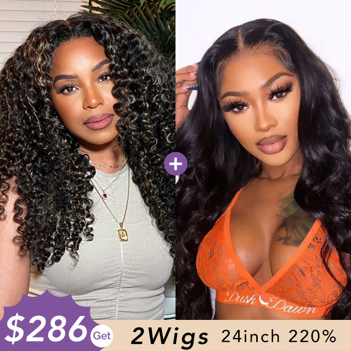 [2Wigs 220%] #1b/27 Highlight Jerry Curly + Body Wave Pre-All Put on And Go Glueless Wig