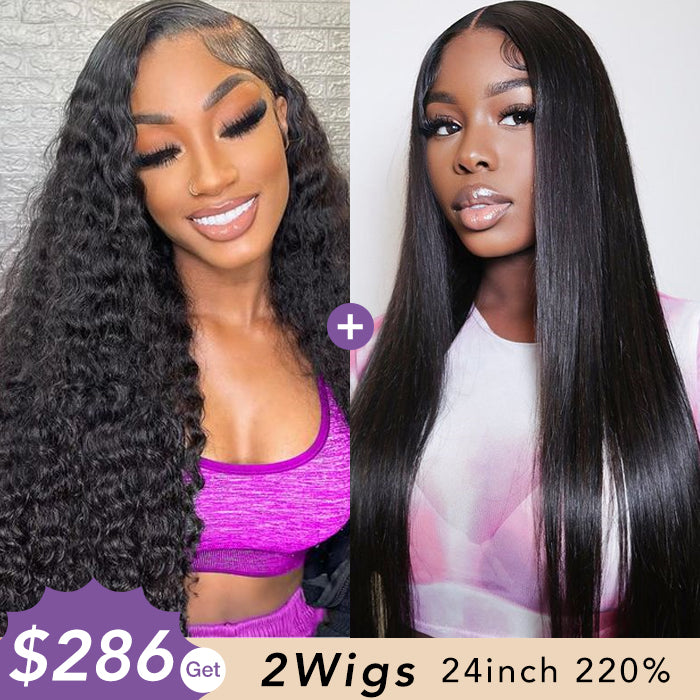 [2Wigs 220%] Deep Wave & Silky Straight Pre Bleached Pre Cut HD Lace Wear Go Glueless Wig