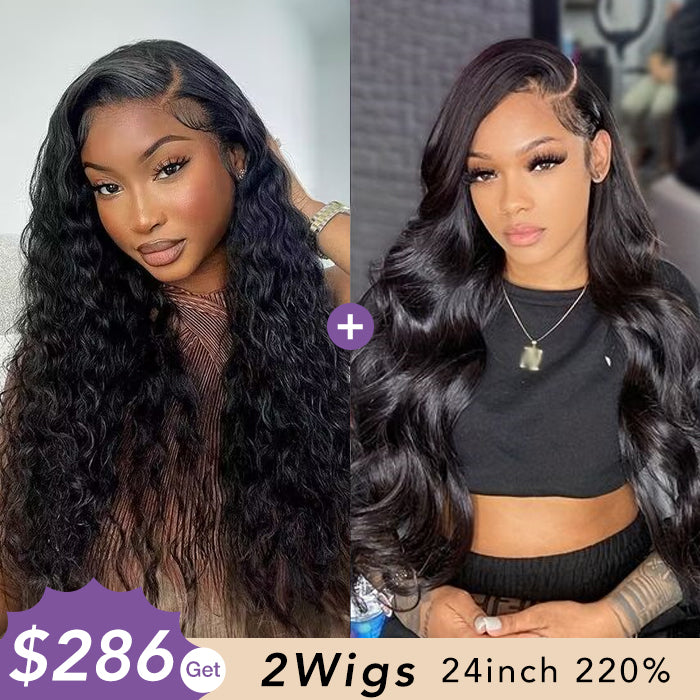 [2Wigs 220%] Left C Part Water Wave & 3D Body Wave Versatile 8x5 HD Lace Ready to Go Wigs