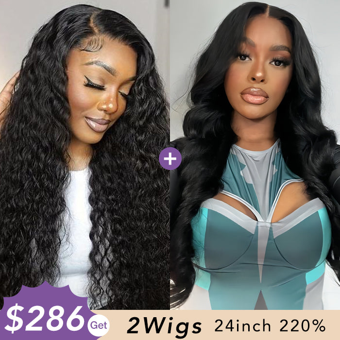 [2Wigs 220%] Water Wave & Body Wave Pre-Cut & Pre-Pluck & Pre-Bleached Put on and Go Wig