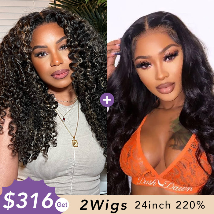 [2Wigs 220%] #1b/27 Highlight Jerry Curly + Body Wave Pre-All Put on And Go Glueless Wig