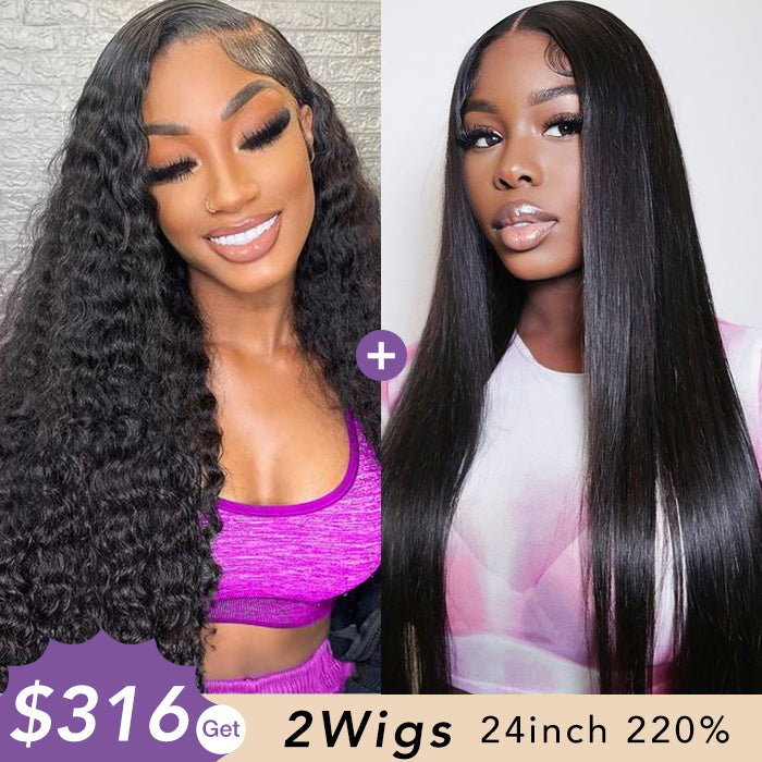 [2Wigs 220%] Deep Wave & Silky Straight Pre Bleached Pre Cut HD Lace Wear Go Glueless Wig