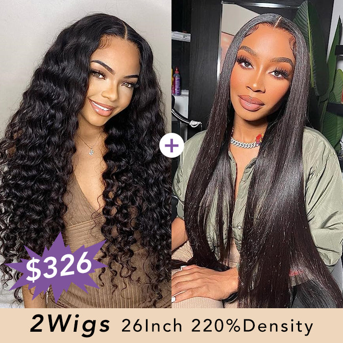 [2Wigs 26inch] Deep Wave & Silky Straight Pre Cut & Plucked & Bleached Ready To Go Wig