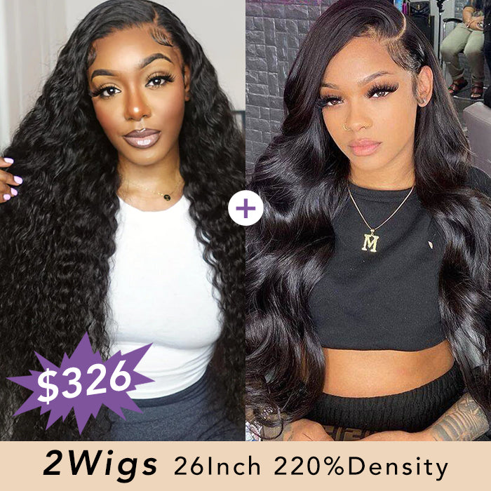 [2Wigs 26inch] Left C Part Water Wave & Body Wave 8x5 Pre Cut Lace & Pre Bleached Glueless Wig