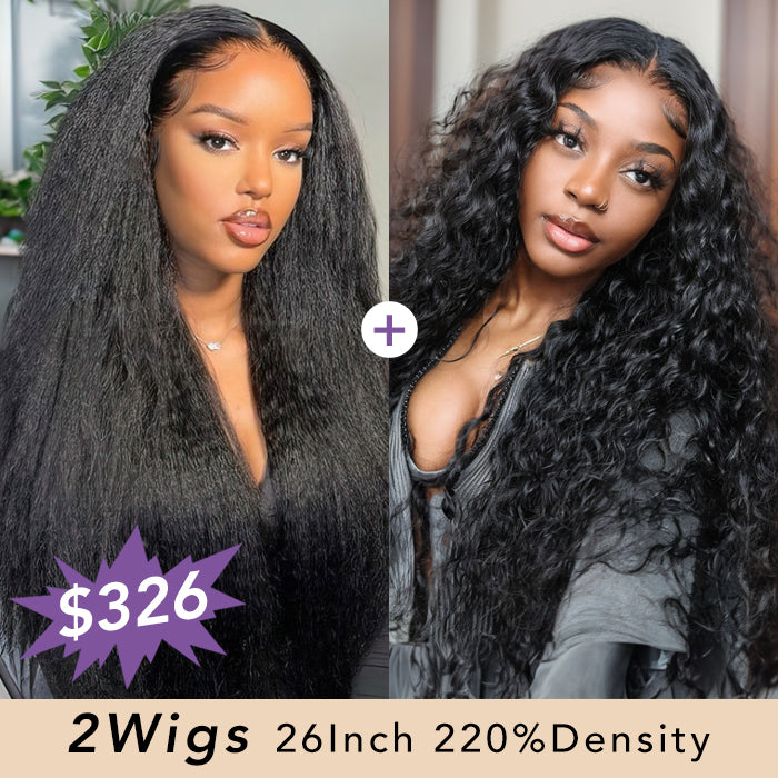 [2Wigs 26inch] Kinky Straight & Water Wave Super Natural Hairline Glueless 8x5 Closure HD Lace Wig