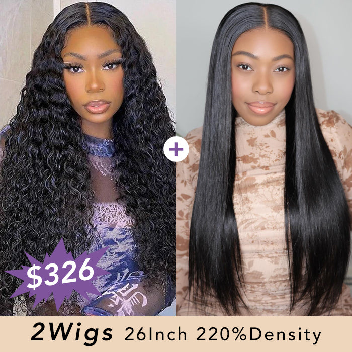 [2Wigs 26inch] Water Wave & Silky Straight Pre Cut & Pre Plucked & Bleached Ready to Go Wigs