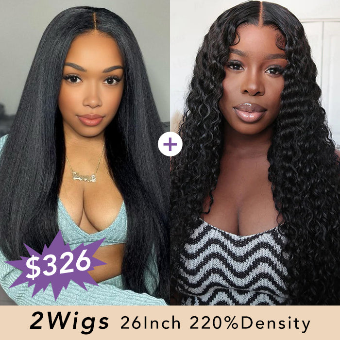 [2Wigs 26inch] Kinky Straight & Deep Wave 3S Quick Intall Pre Everything Ready To Go Glueless Wig