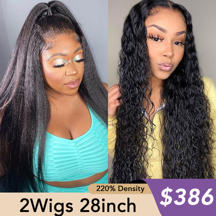 [2Wigs 28inch] Kinky Straight & Water Wave Pre-Knotless Super Natural Quick & Easy Install Glueless Wig