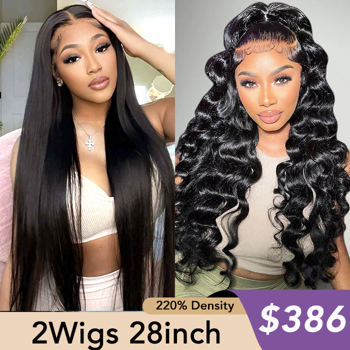 [2Wigs 28inch]  Silky Straight & Loose Wave Ready To Go Pre Cut Lace Bleached Knots Glueless Wigs