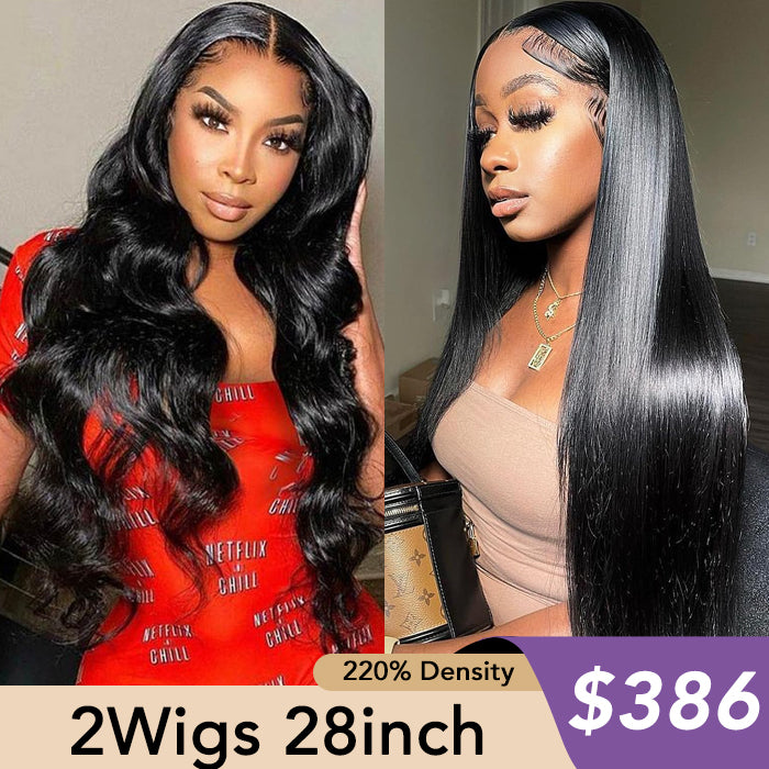 [2Wigs 28inch] Body Wave & Silky Straight Glueless Put On & Go Bleached Knots Lace Wig