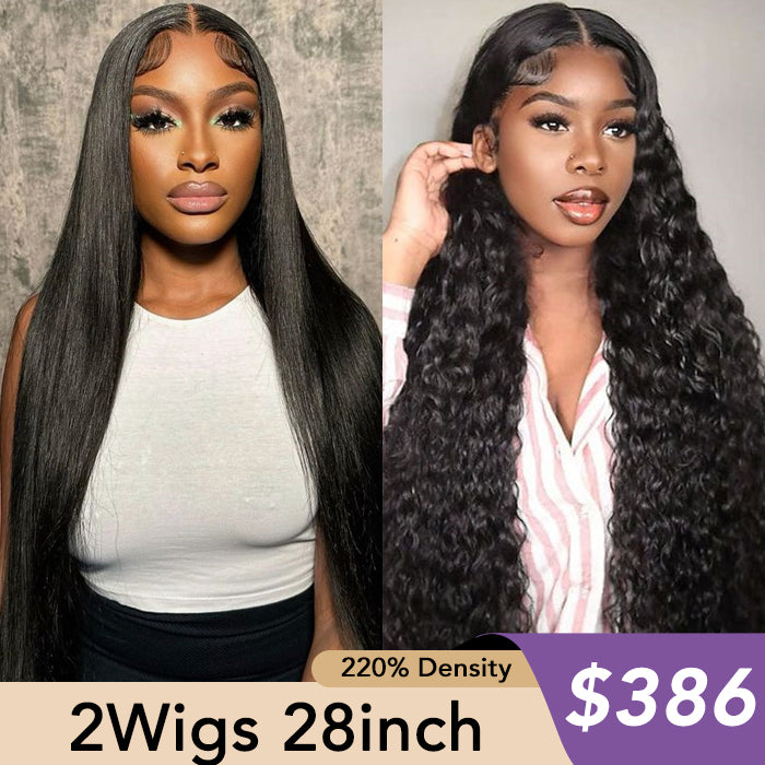 [2Wigs 28inch] Sliky Straight & Water Wave Super Secure Put On & Go Bleached Knots Glueless Wig