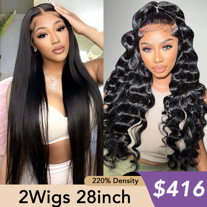 [2Wigs 28inch]  Silky Straight & Loose Wave Ready To Go Pre Cut Lace Bleached Knots Glueless Wigs