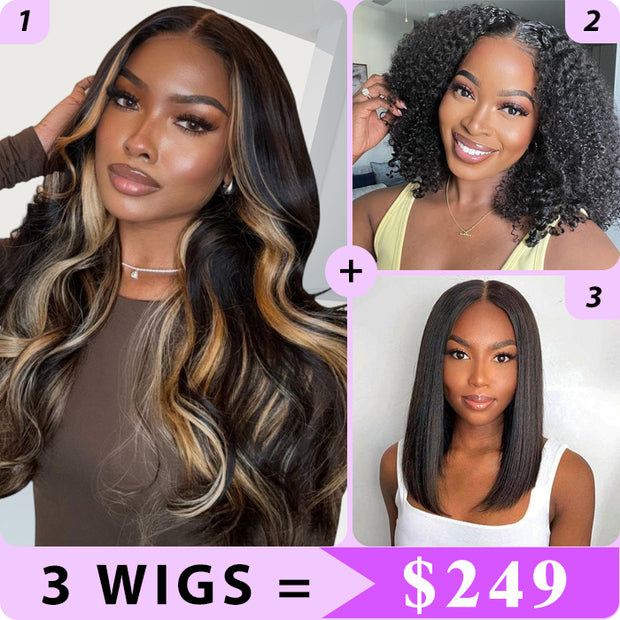 3 Wigs Set  | #1B/27 Highlight Body Wave 8x5 Pre Cut Lace Wig & Glueless  Curly Short Bob Wigs & Straight 5x5 HD Lace Short Bob Wig