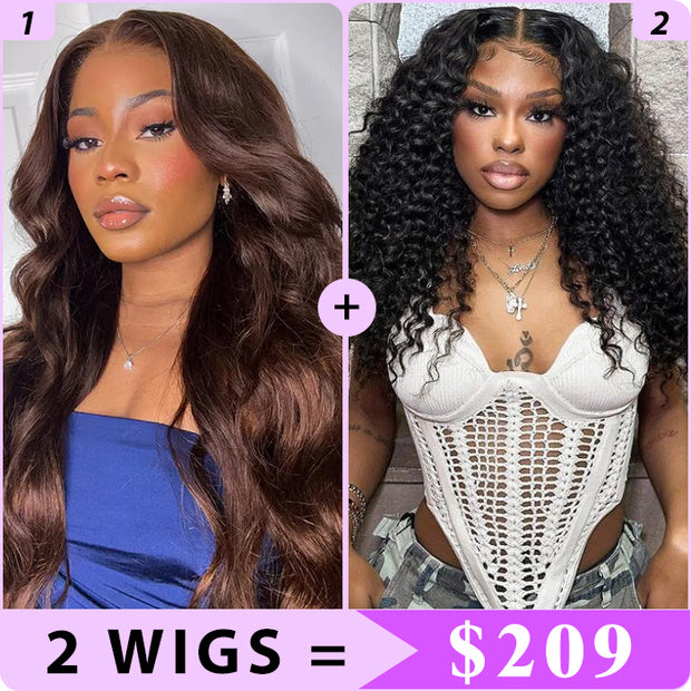 2 Wigs Set | #4 Brown Body Wave 13x4 HD Lace Frontal Wig & 8x5 HD Lace Bleached Knots Glueless Wig