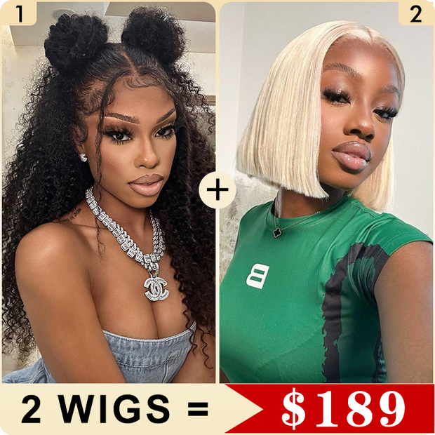 2 Wigs Set | Curly Hair 13x4 HD Lace Frontal Wig & #613 Blonde 5x5 HD Lace Bob Wig