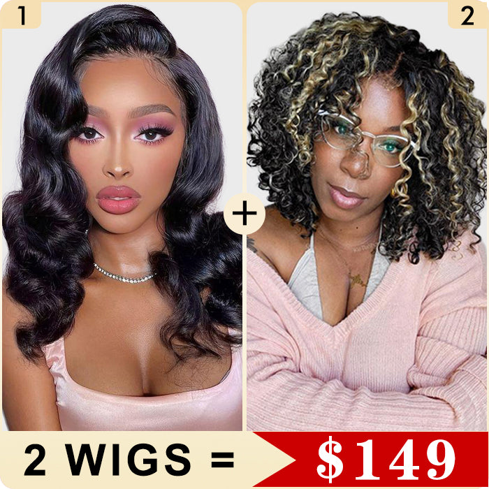 2 Wigs Set | Body Wave 5x5 HD Lace Short Bob Wig & Highlight 5x5 HD Lace Curly Bob Wig