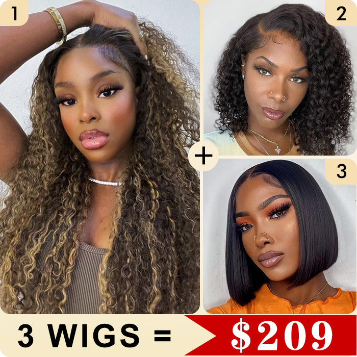 3 Wigs Set  | 8x5 Pre Cut Lace Glueless Curly Wig & Glueless Curly Short Bob Wigs & Straight 5x5 HD Lace Short Bob Wig