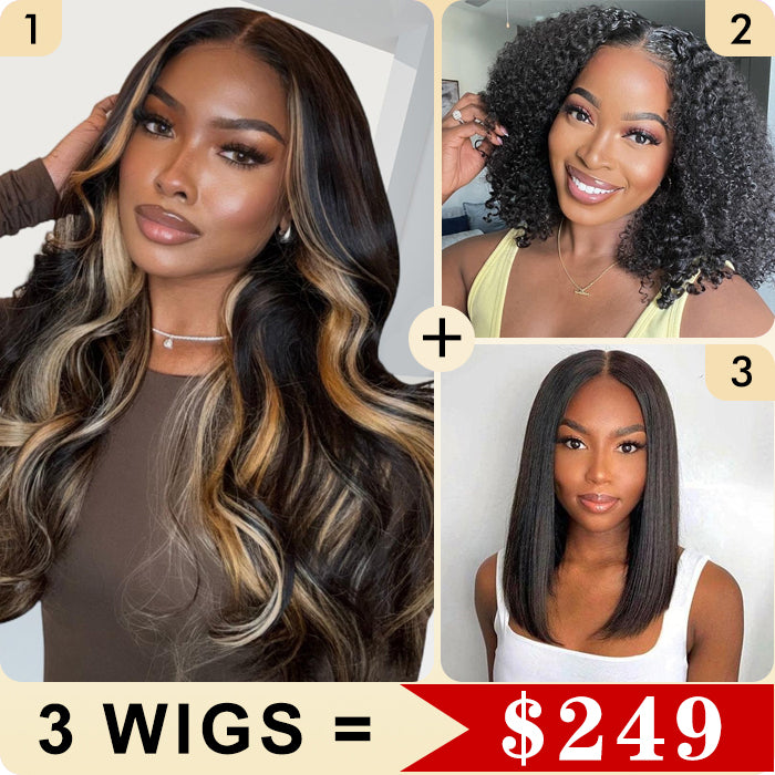 3 Wigs Set  | #1B/27 Highlight Body Wave 8x5 Pre Cut Lace Wig & Glueless  Curly Short Bob Wigs & Straight 5x5 HD Lace Short Bob Wig